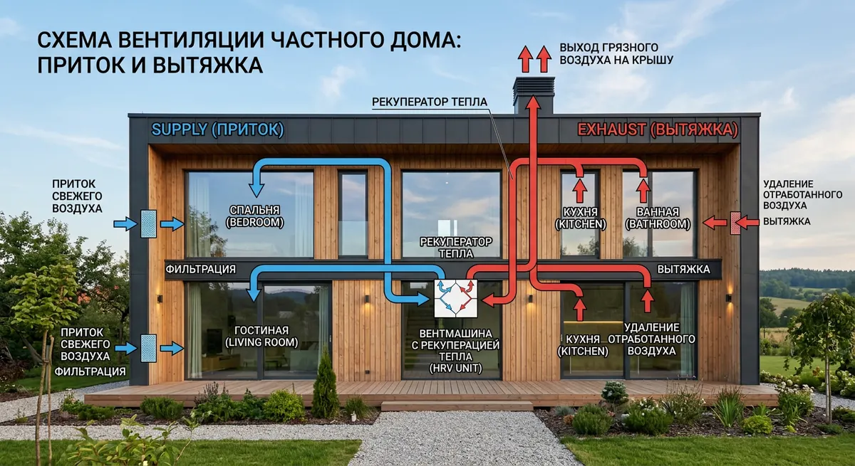 Вентиляция частного дома: схема притока и вытяжки воздуха на фасаде современного коттеджа