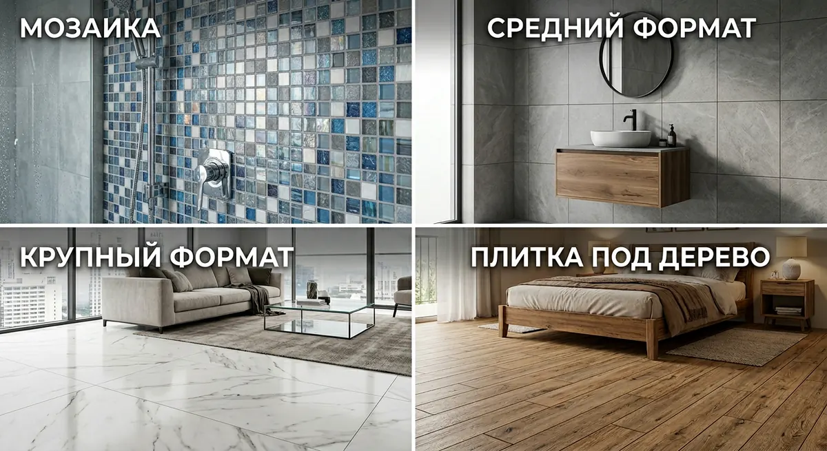 Образцы керамической плитки разных размеров — цветная мозаика, бежевые квадратные плитки, глянцевая плитка и керамогранит под дерево