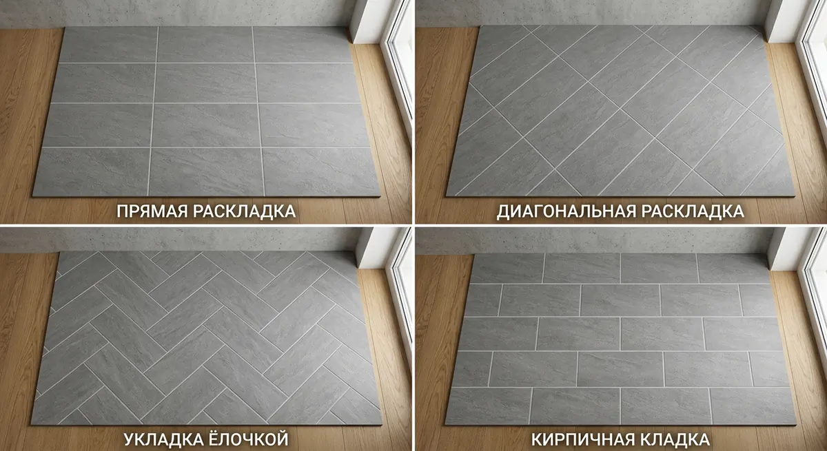 Четыре образца укладки серой плитки разными способами — прямая раскладка, диагональная, ёлочкой и кирпичной кладкой