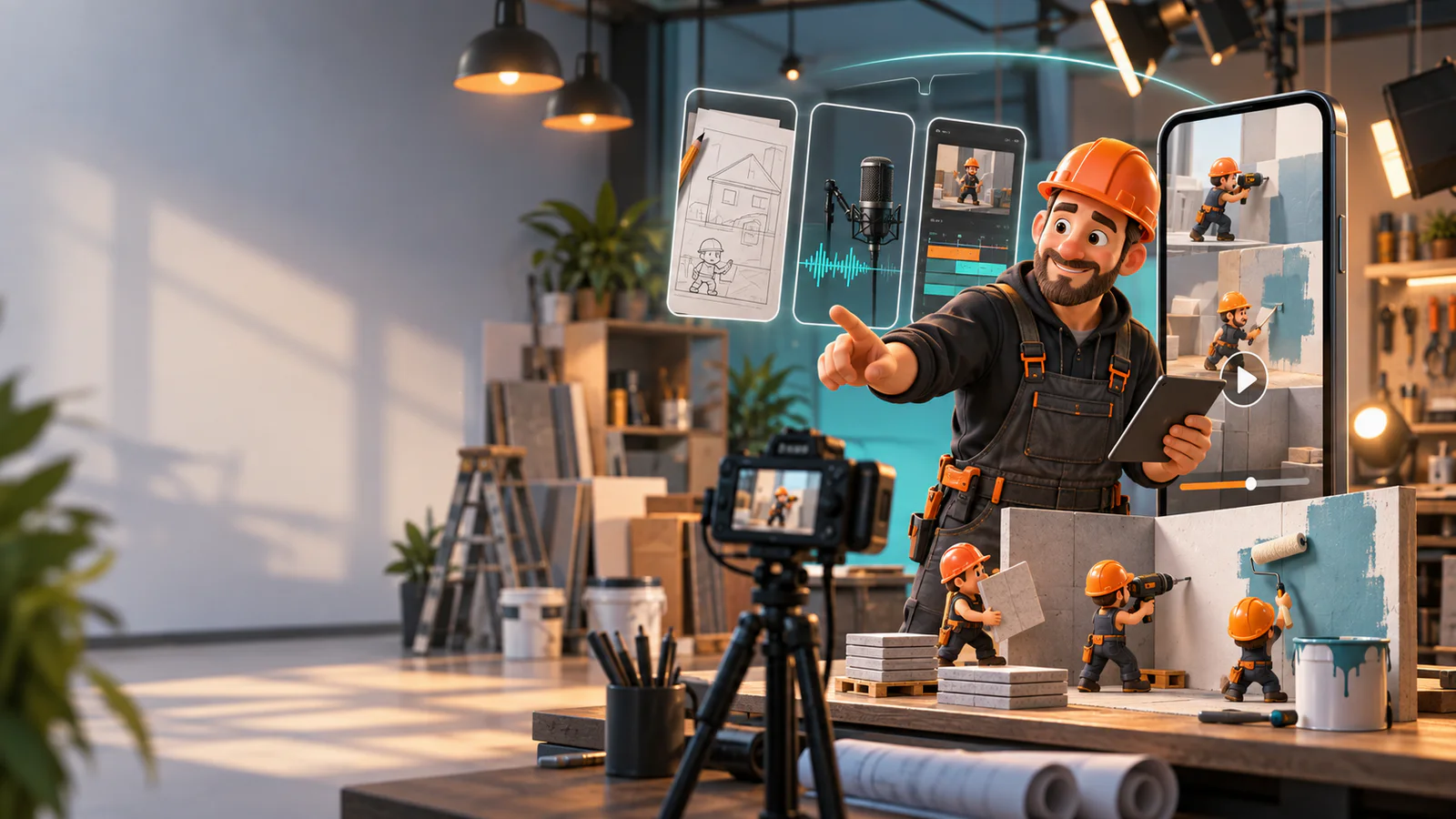 3D-персонаж строителя в студии создания коротких видеороликов